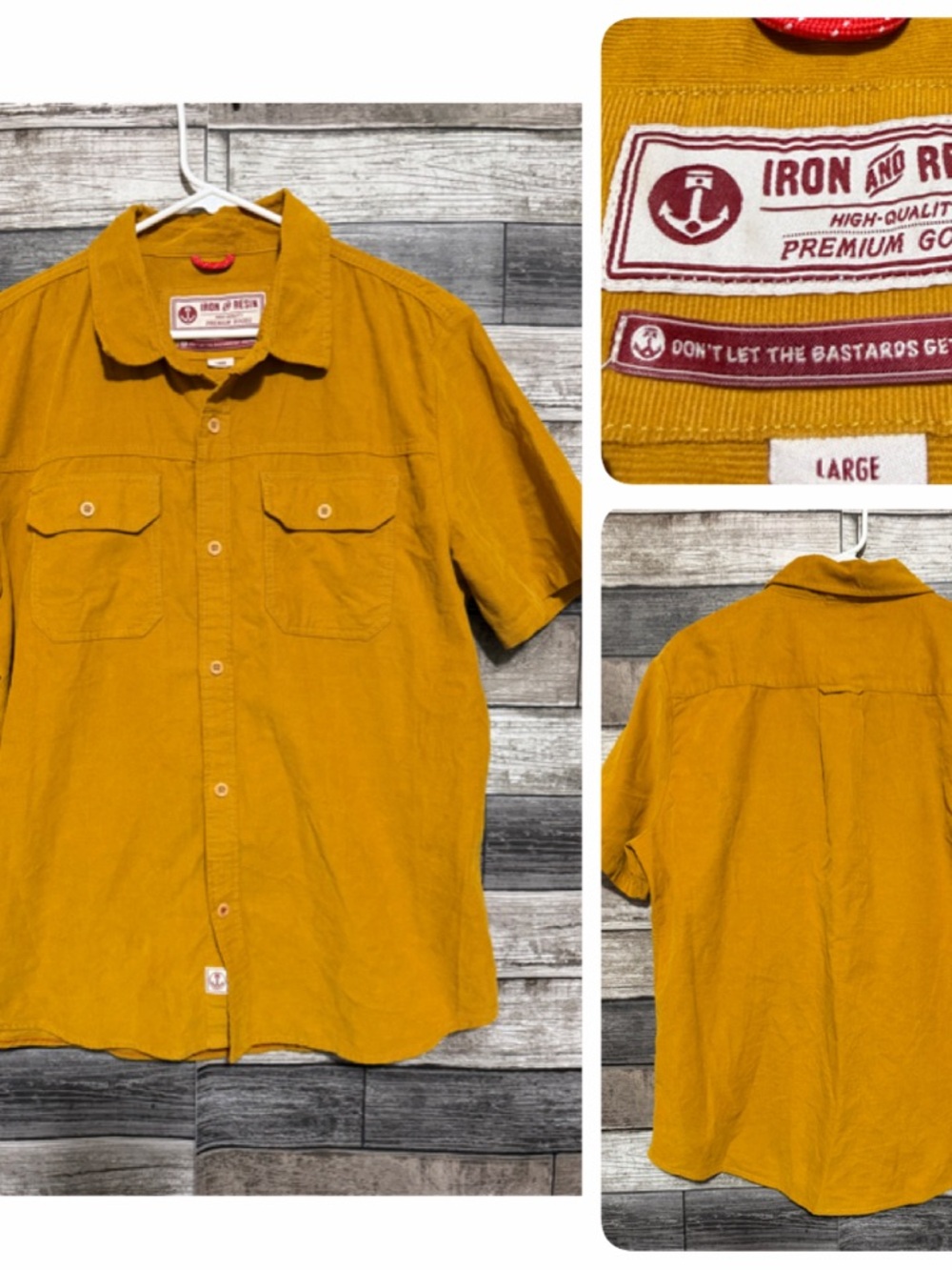 Iron And Resin Corduroy Short Sleeve Button Up Shirt Men’s L Orange Yellow